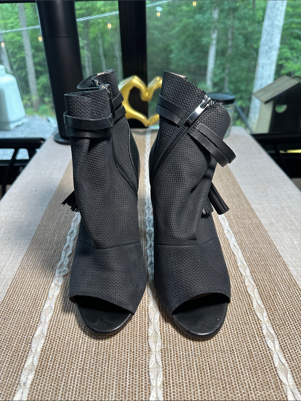 French Connection Black Textured Peep-Toe Ankle Booties With Tassel Zipper